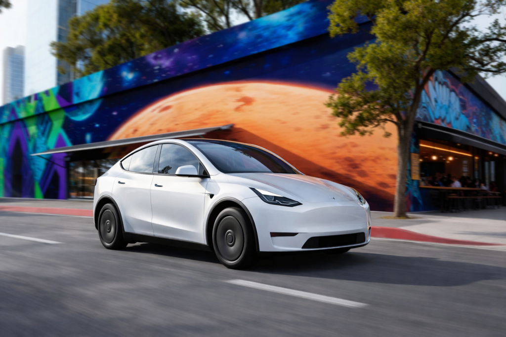 Tesla Model Y électrique en circulation, SUV familial au gabarit de 4,75 m offrant une autonomie pouvant atteindre 533 km WLTP