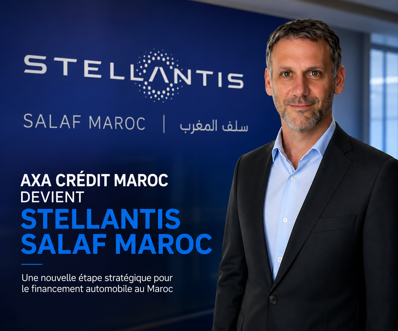 Lionel piquer devant la bannière stellantis salaf maroc lors du lancement officiel de la nouvelle identité financière du groupe au maroc stellantis salaf maroc lionel piquet